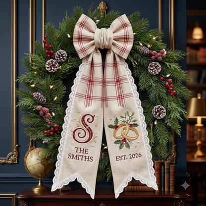 Personalized Christmas Wreath Sash, Rustic Plaid Bow Door Decor