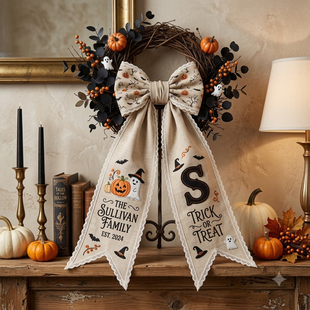 Personalized Halloween Wreath Sash, Spooky Pumpkin & Ghost Door Decor
