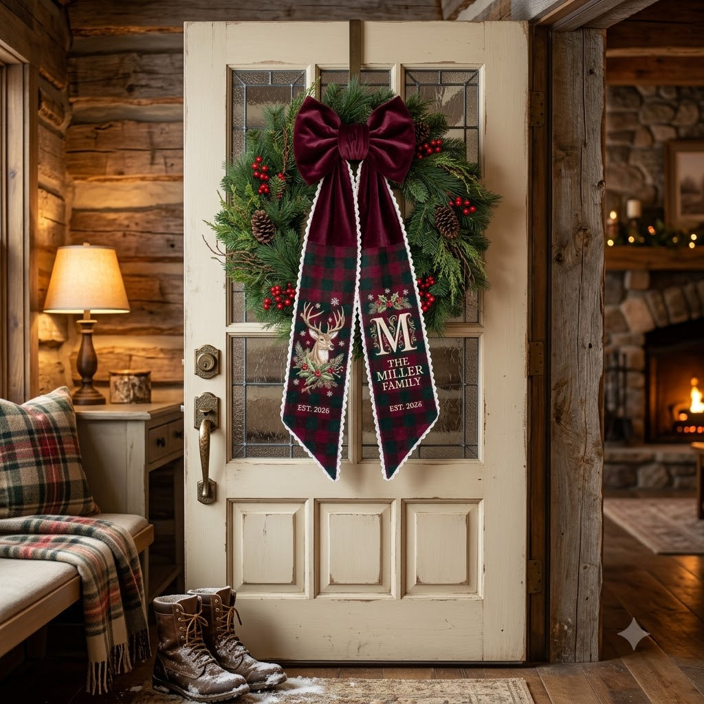 Personalized Christmas Wreath Sash, Burgundy Plaid Deer & Christmas Door Decor