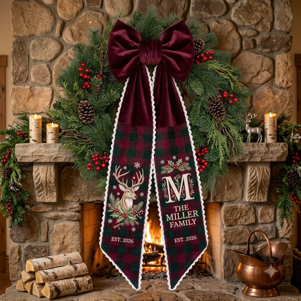 Personalized Christmas Wreath Sash, Burgundy Plaid Deer & Christmas Door Decor