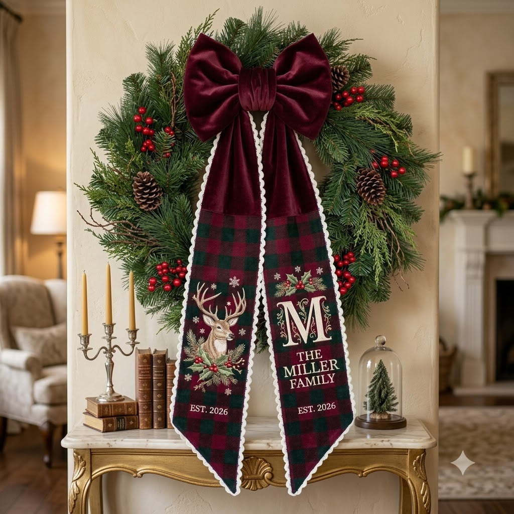 Personalized Christmas Wreath Sash, Burgundy Plaid Deer & Christmas Door Decor