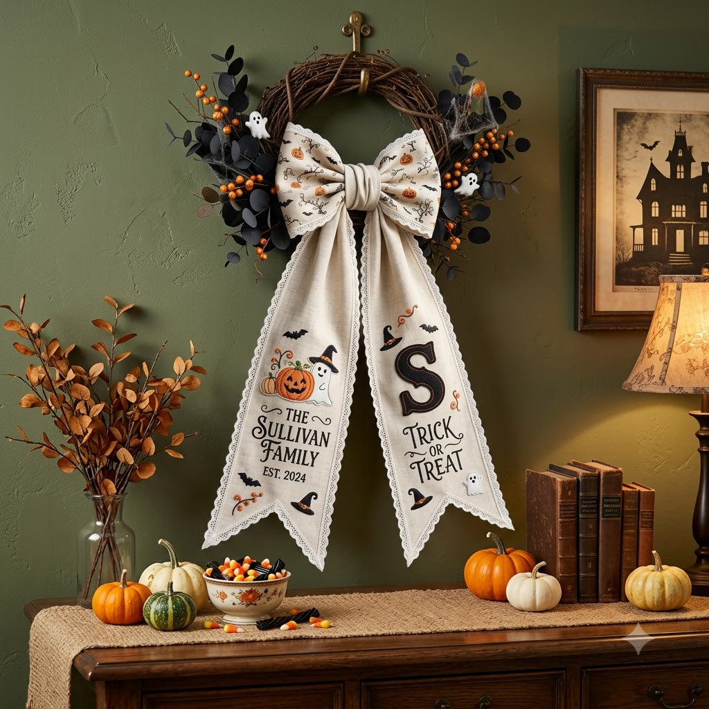 Personalized Halloween Wreath Sash, Spooky Pumpkin & Ghost Door Decor