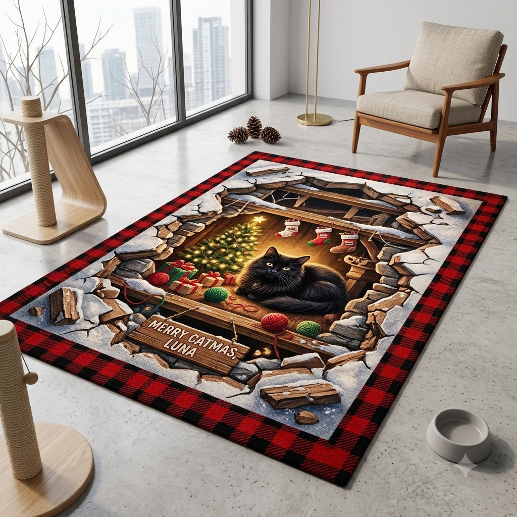 3D Christmas Black Cat Floor Rug, Rustic Holiday Fireplace & Gift Rug