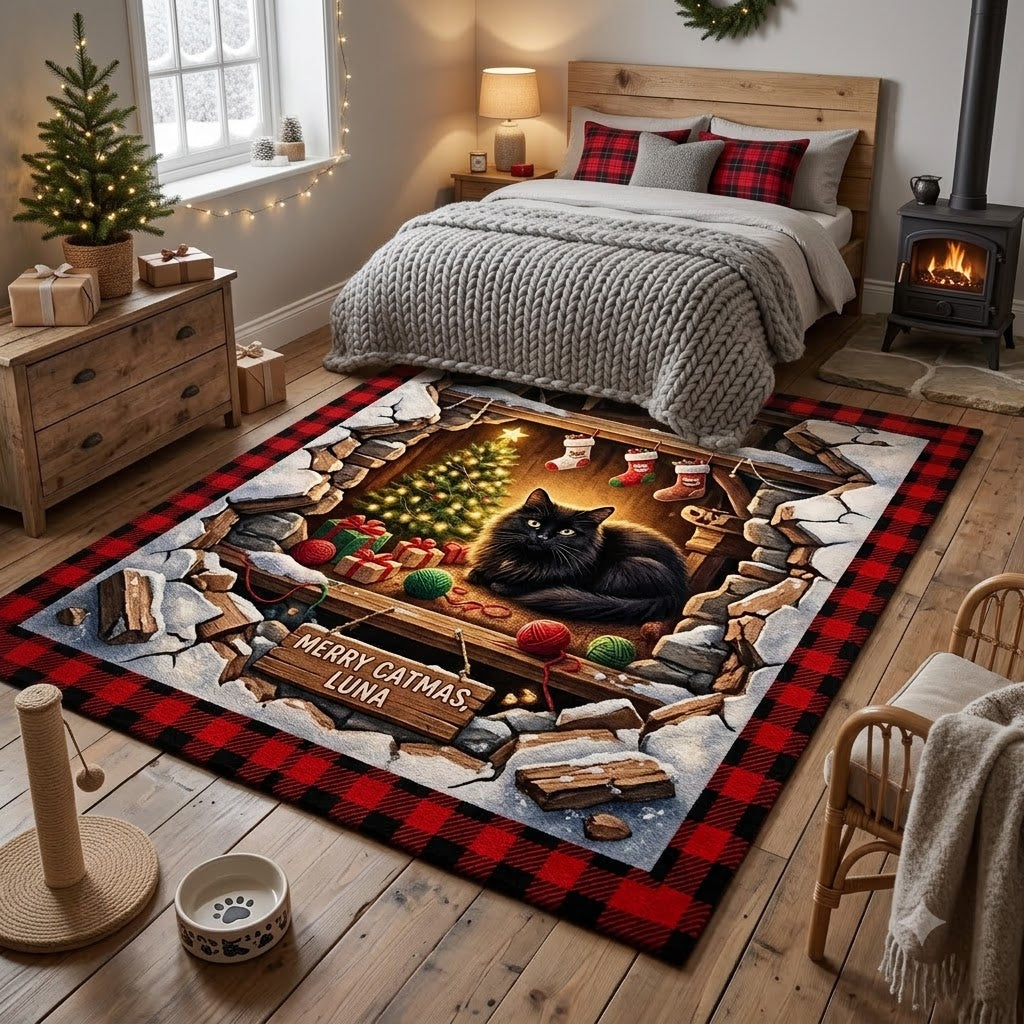 3D Christmas Black Cat Floor Rug, Rustic Holiday Fireplace & Gift Rug