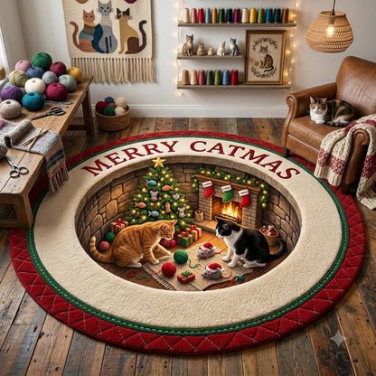 3D Christmas Cat Floor Rug, Cozy Christmas Tree & Gift Cave Rug