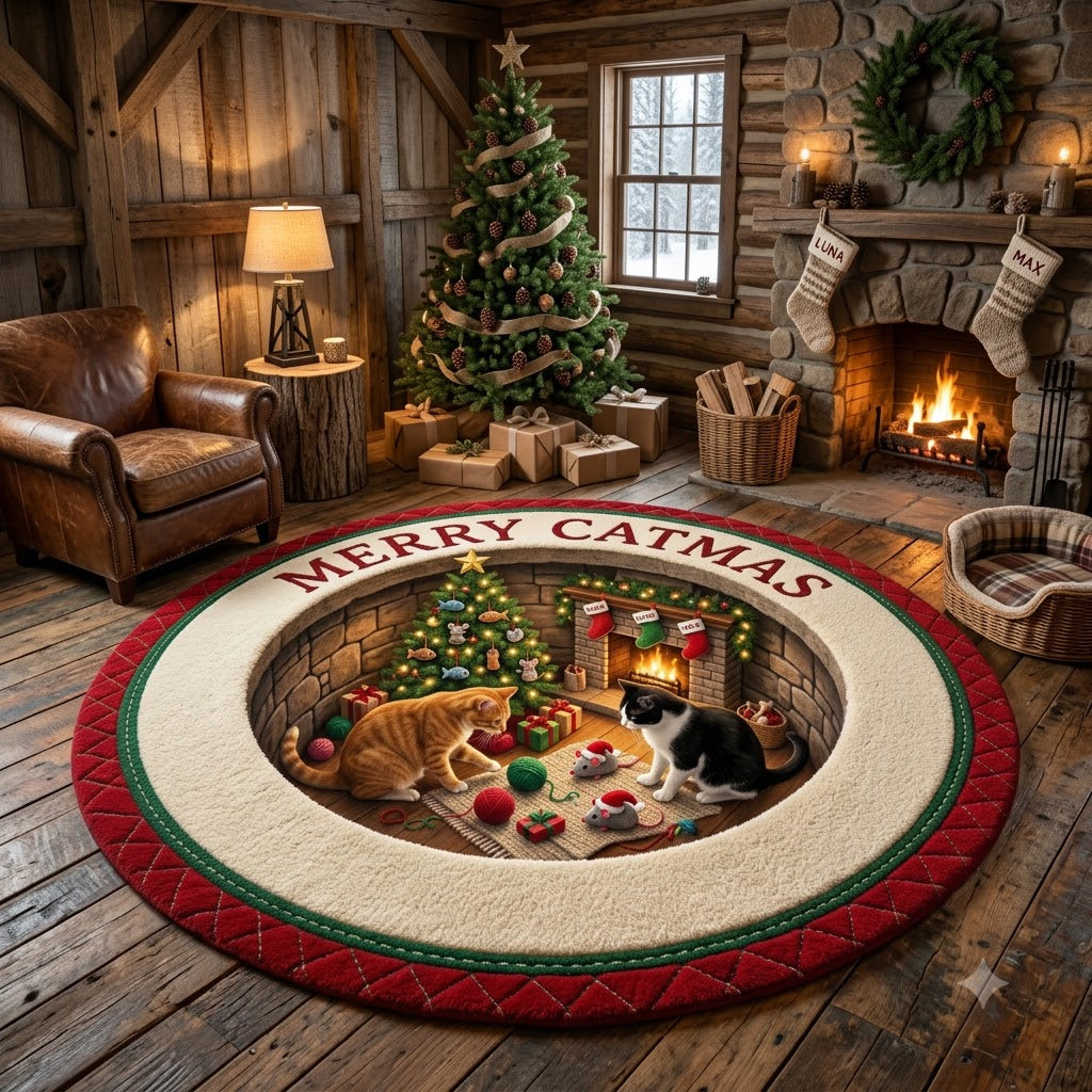 3D Christmas Cat Floor Rug, Cozy Christmas Tree & Gift Cave Rug