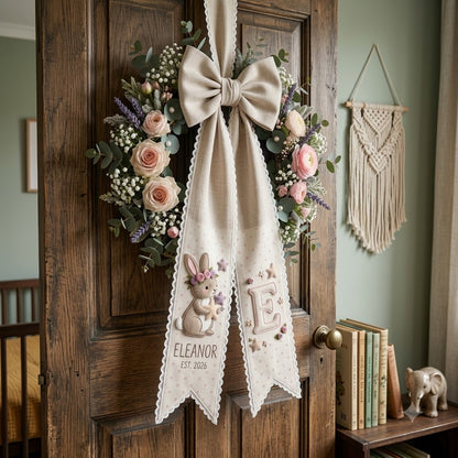 Personalized Baby Girl Wreath Sash, Floral Bow & Nursery Door Decor