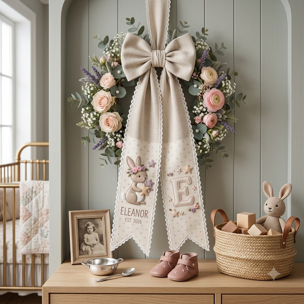 Personalized Baby Girl Wreath Sash, Floral Bow & Nursery Door Decor
