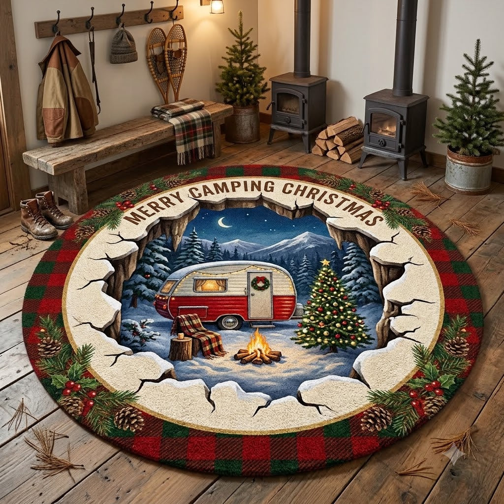 3D Christmas Camping Floor Rug, Cozy Winter Camper & Campfire Holiday Rug