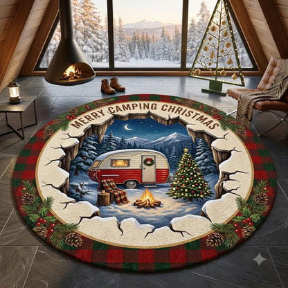3D Christmas Camping Floor Rug, Cozy Winter Camper & Campfire Holiday Rug