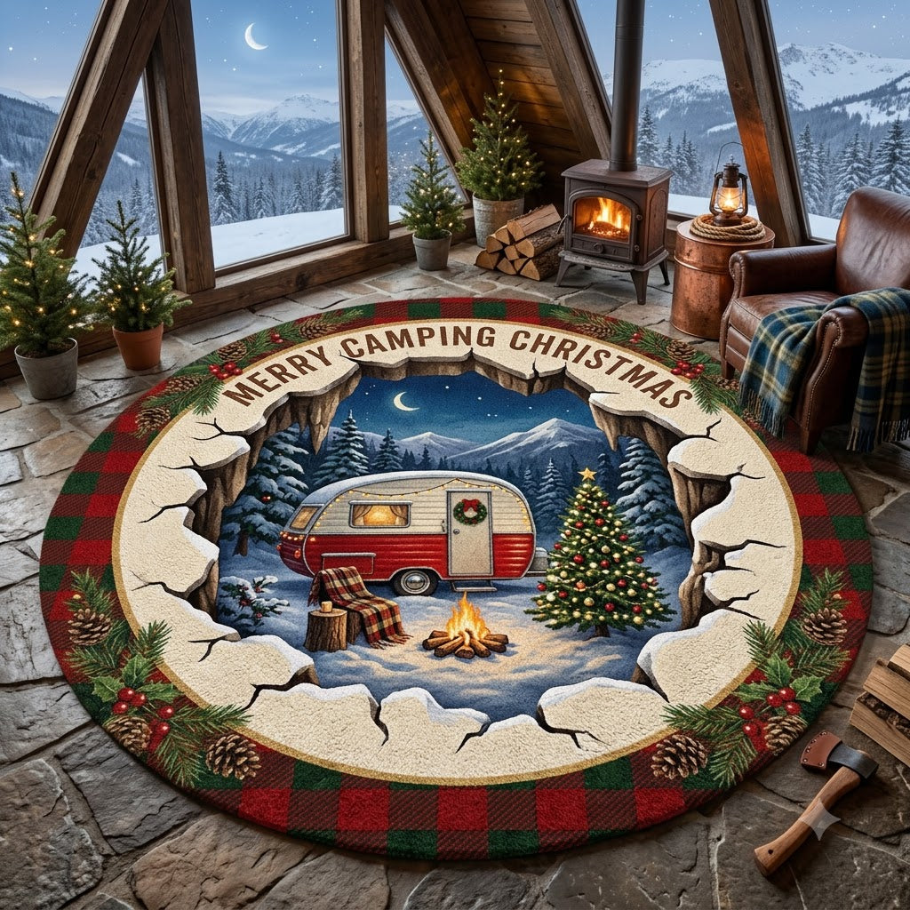 3D Christmas Camping Floor Rug, Cozy Winter Camper & Campfire Holiday Rug
