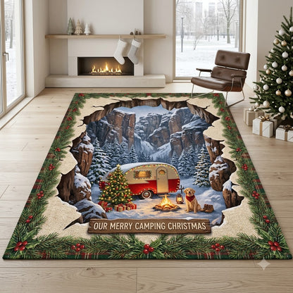3D Christmas Camping Floor Rug, Winter Camper, Christmas Tree & Campfire Rug