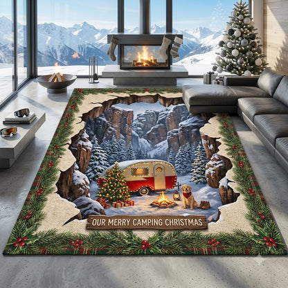 3D Christmas Camping Floor Rug, Winter Camper, Christmas Tree & Campfire Rug