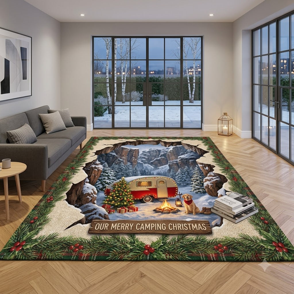 3D Christmas Camping Floor Rug, Winter Camper, Christmas Tree & Campfire Rug