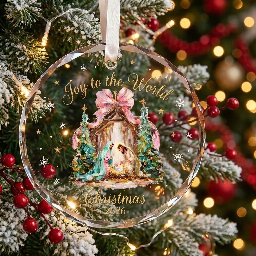 Christmas 2026 Nativity Ornament, Joy to the World Glass Christmas Ornament, Religious Holiday Tree Decoration, Christian Christmas Gift