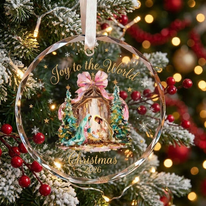 Christmas 2026 Nativity Ornament, Joy to the World Glass Christmas Ornament, Religious Holiday Tree Decoration, Christian Christmas Gift