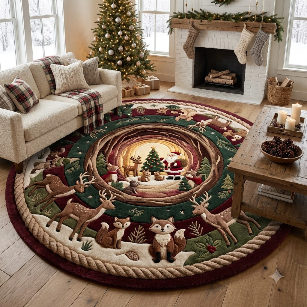 Christmas Round Rug, Santa Woodland Deer Rug, Cozy Cabin Holiday Decor