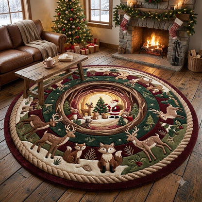 Christmas Round Rug, Santa Woodland Deer Rug, Cozy Cabin Holiday Decor