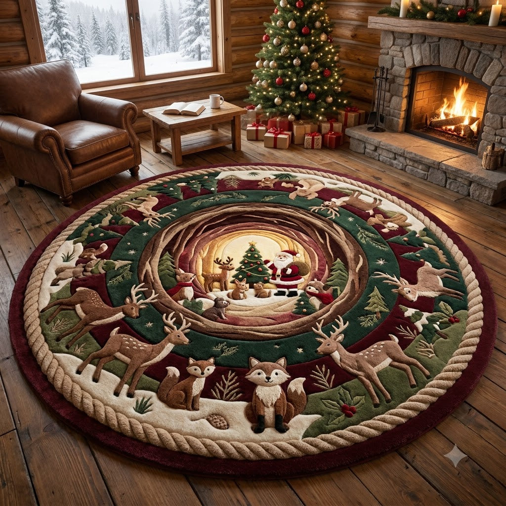 Christmas Round Rug, Santa Woodland Deer Rug, Cozy Cabin Holiday Decor