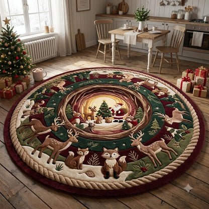 Christmas Round Rug, Santa Woodland Deer Rug, Cozy Cabin Holiday Decor