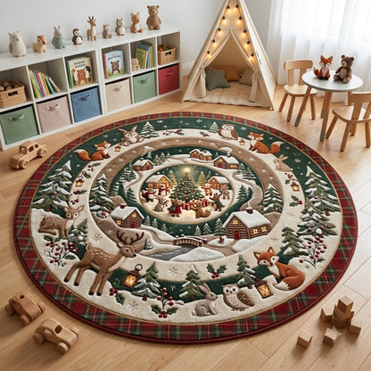 Christmas Woodland Round Rug, Snowy Deer Cabin Rug, Rustic Holiday Decor