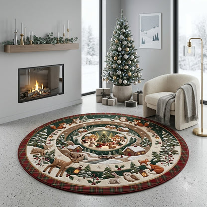 Christmas Woodland Round Rug, Snowy Deer Cabin Rug, Rustic Holiday Decor