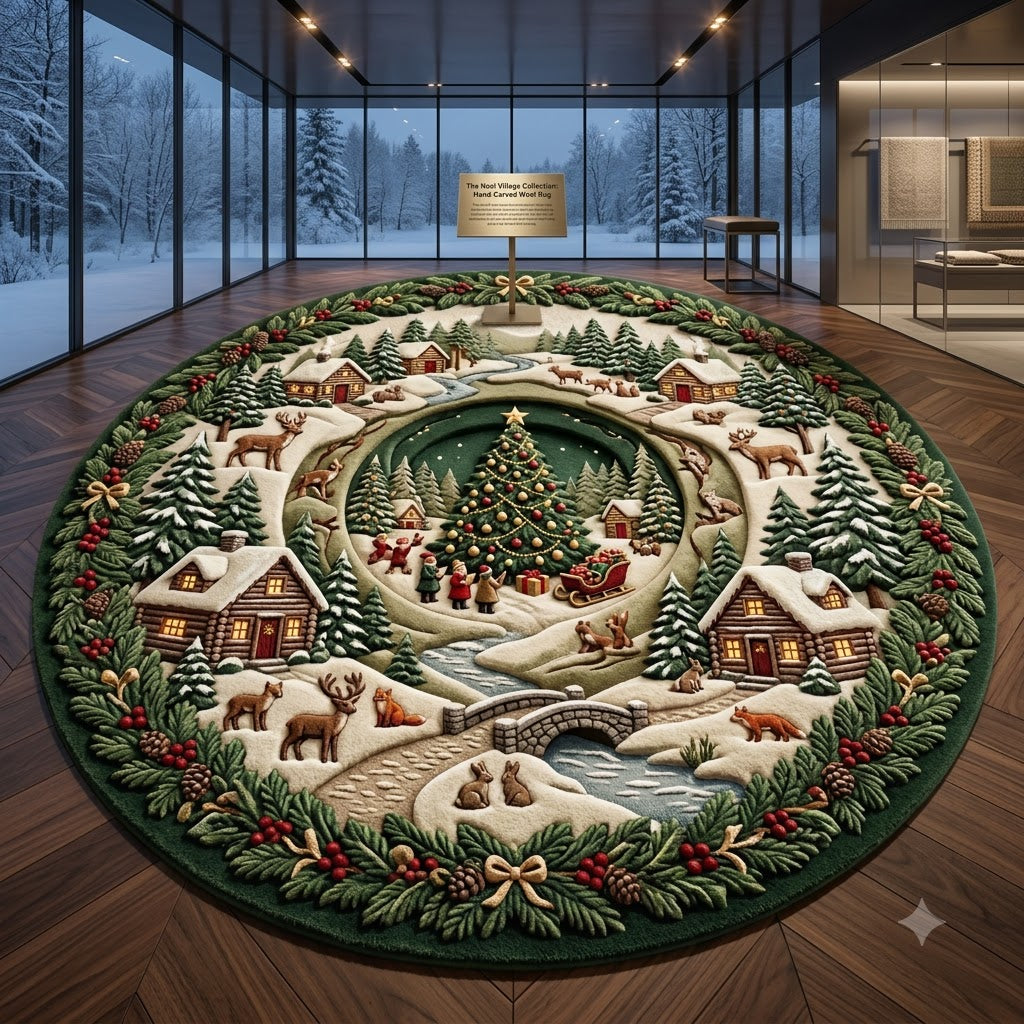 Christmas Woodland Round Rug, Snowy Deer Cabin Rug, Rustic Holiday Decor