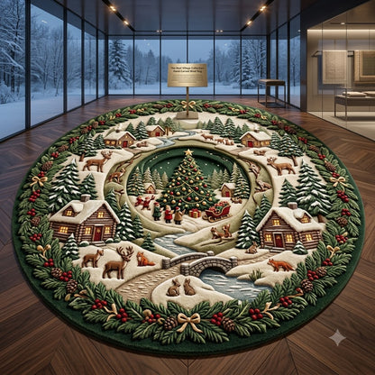 Christmas Woodland Round Rug, Snowy Deer Cabin Rug, Rustic Holiday Decor