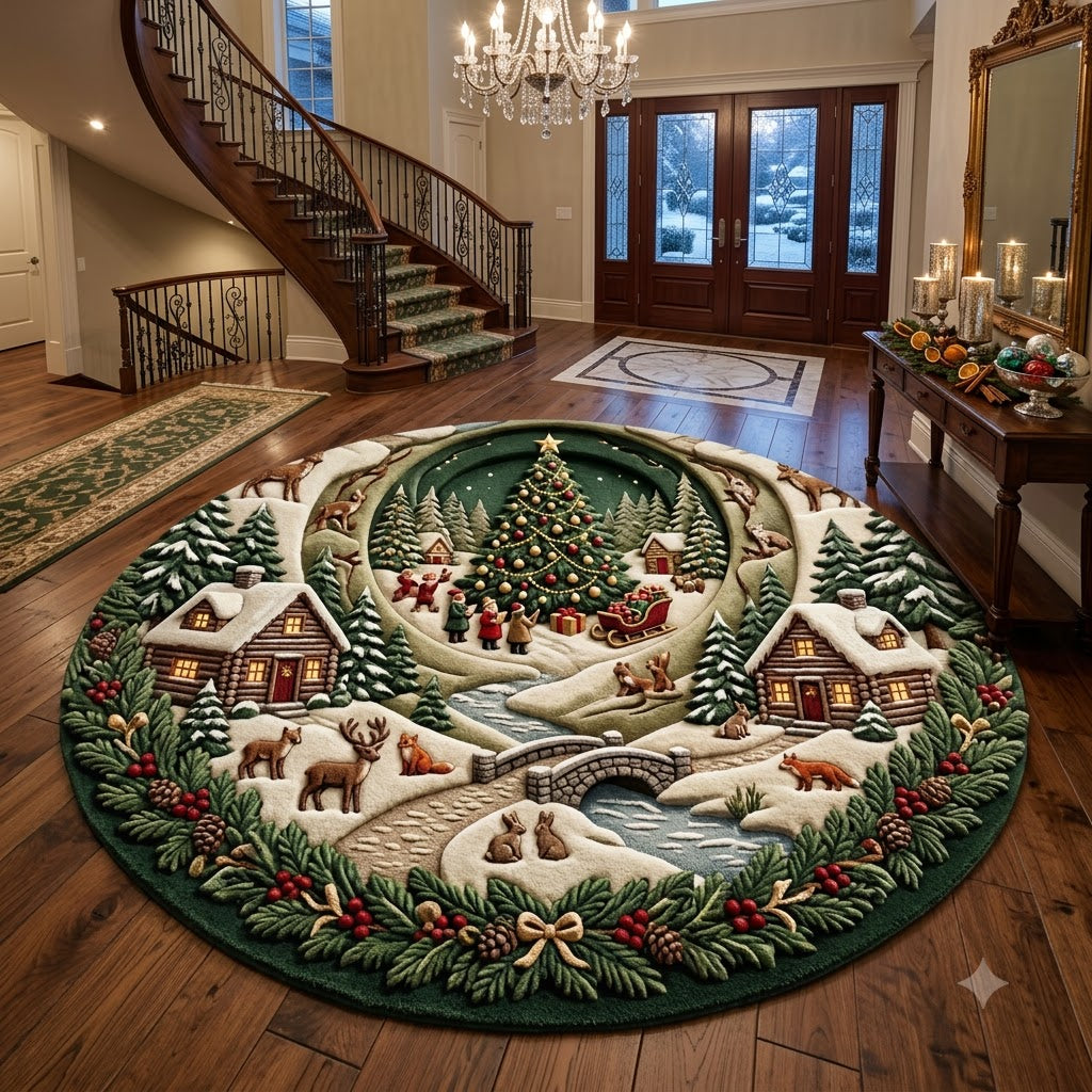 Christmas Woodland Round Rug, Snowy Deer Cabin Rug, Rustic Holiday Decor