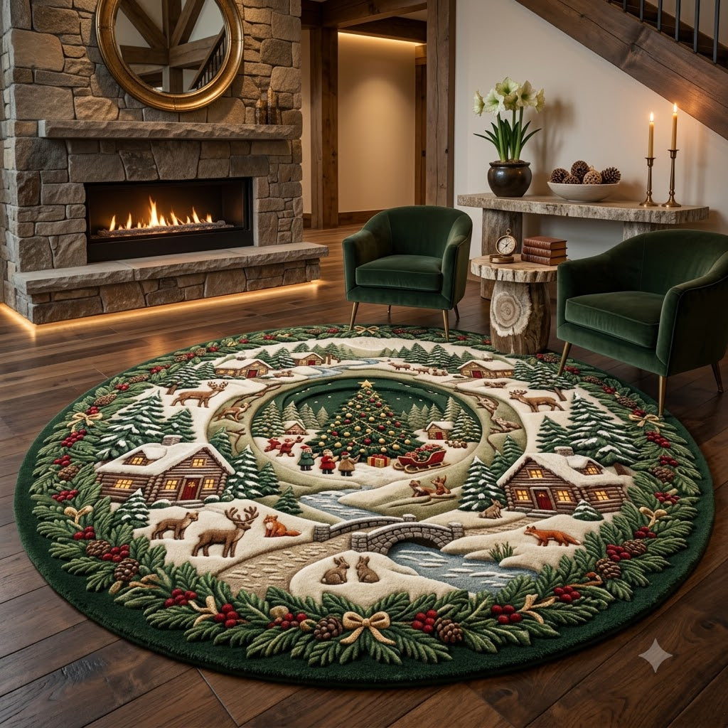 Christmas Woodland Round Rug, Snowy Deer Cabin Rug, Rustic Holiday Decor