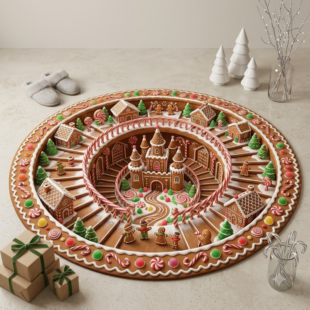 Gingerbread Christmas Round Rug, Candy Cane Village Rug, Holiday Home Decor