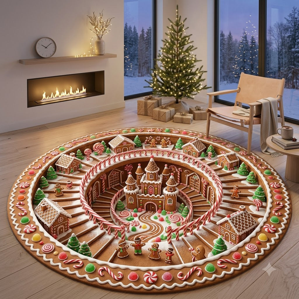 Gingerbread Christmas Round Rug, Candy Cane Village Rug, Holiday Home Decor