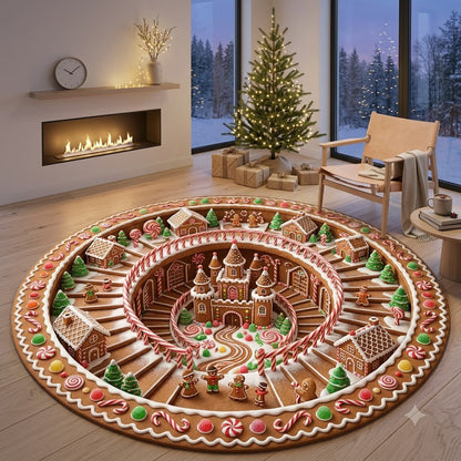 Gingerbread Christmas Round Rug, Candy Cane Village Rug, Holiday Home Decor