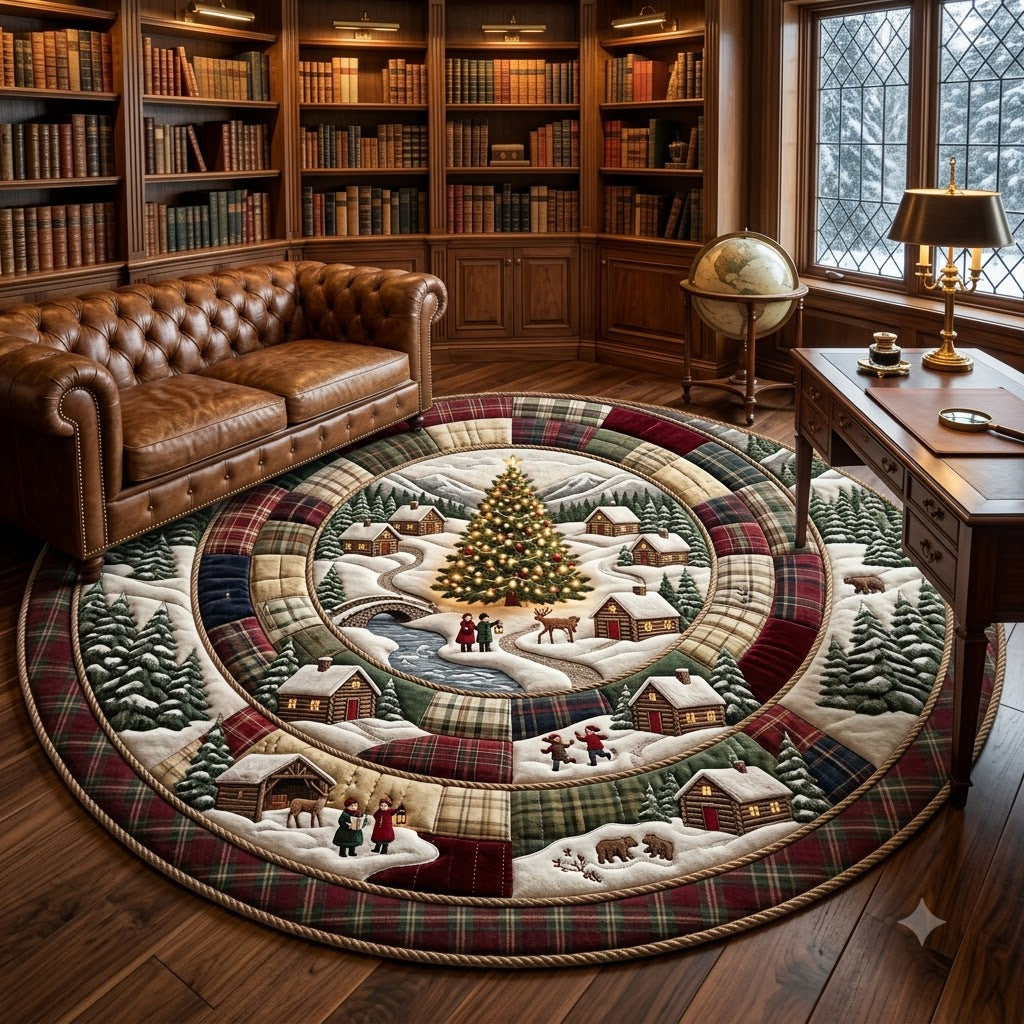 Christmas Village Round Rug, Rustic Plaid Snowy Rug, Cabin Holiday Decor