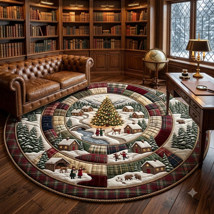Christmas Village Round Rug, Rustic Plaid Snowy Rug, Cabin Holiday Decor