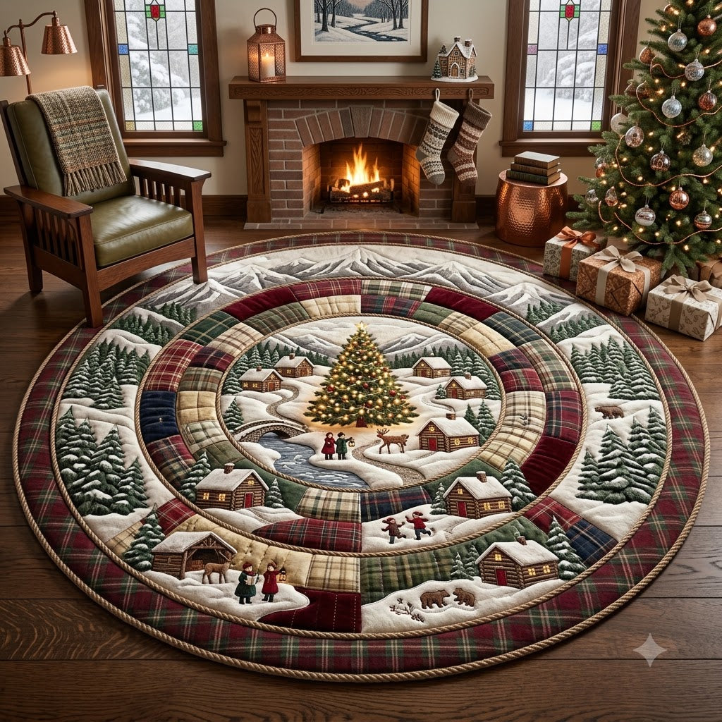 Christmas Village Round Rug, Rustic Plaid Snowy Rug, Cabin Holiday Decor