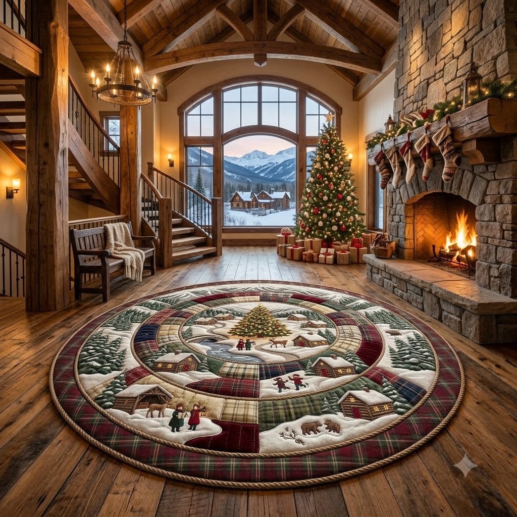 Christmas Village Round Rug, Rustic Plaid Snowy Rug, Cabin Holiday Decor