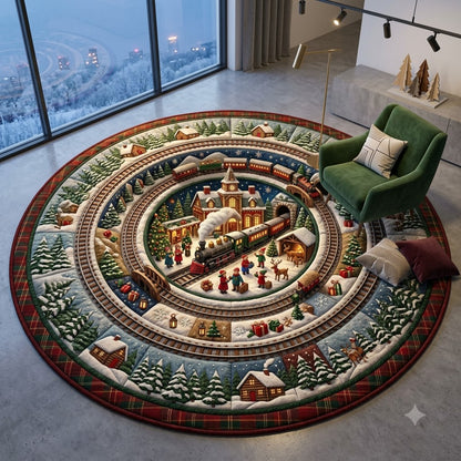 Christmas Train Round Rug, Winter Village Rug, Holiday Cabin Floor Decor