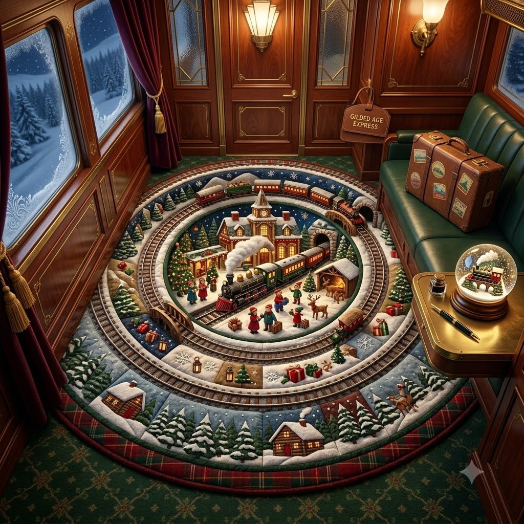 Christmas Train Round Rug, Winter Village Rug, Holiday Cabin Floor Decor