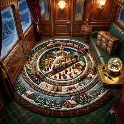 Christmas Train Round Rug, Winter Village Rug, Holiday Cabin Floor Decor