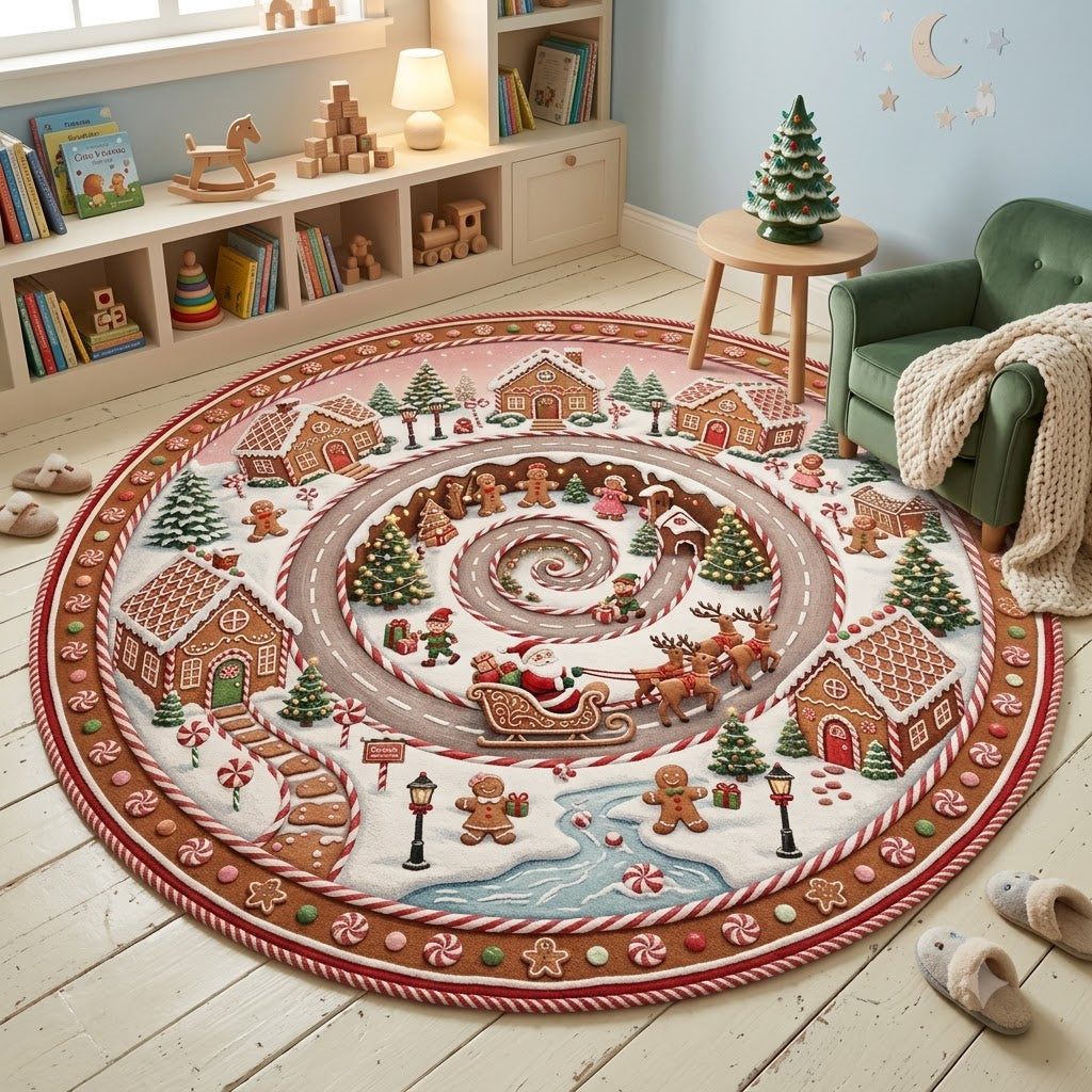 Gingerbread Christmas Round Rug, Candy Cane Road Rug, Santa Holiday Decor