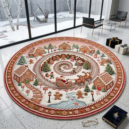 Gingerbread Christmas Round Rug, Candy Cane Road Rug, Santa Holiday Decor