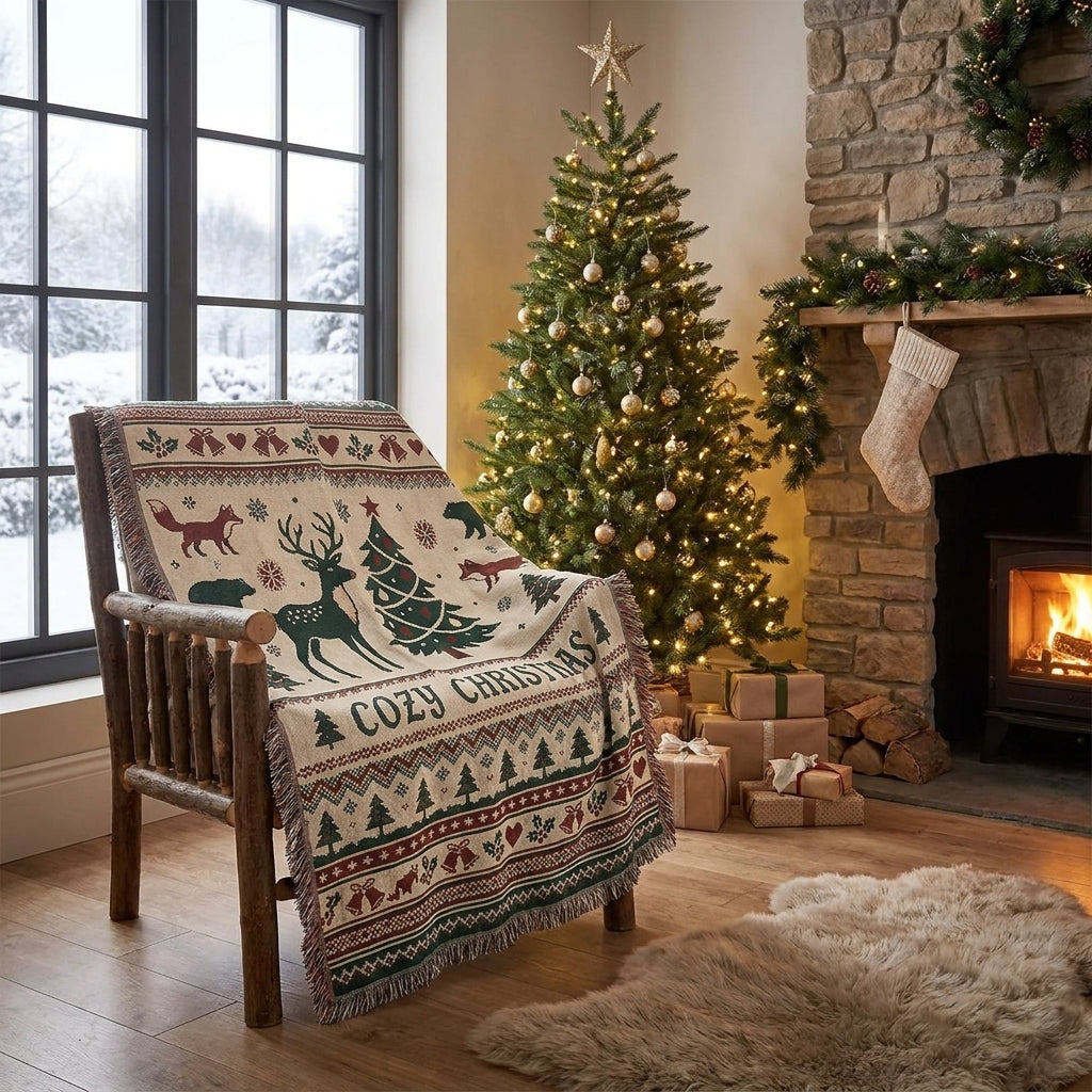 Cozy Christmas Woven Blanket – Woodland Christmas Holiday Throw Blanket