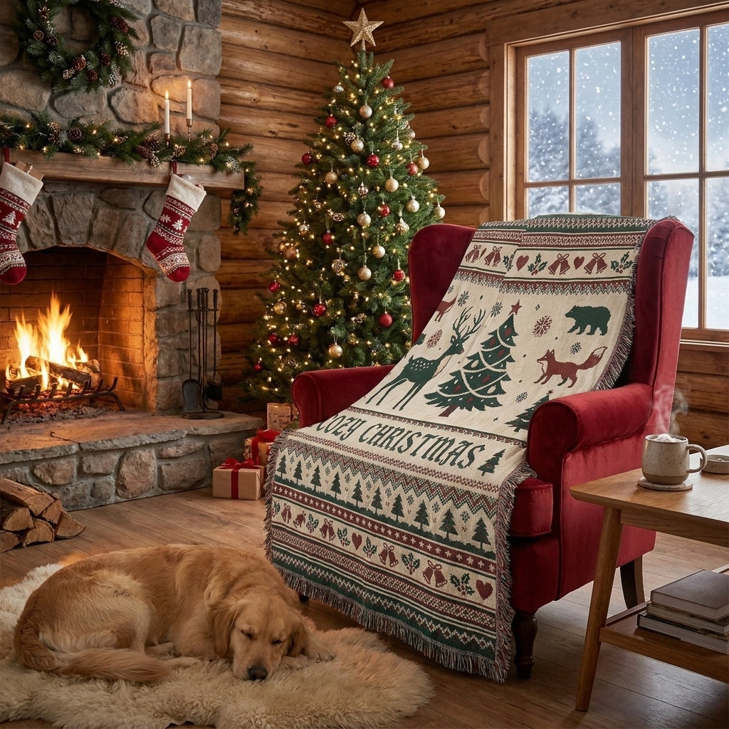 Cozy Christmas Woven Blanket – Woodland Christmas Holiday Throw Blanket