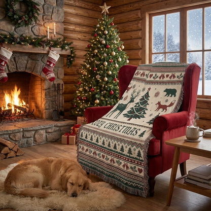 Cozy Christmas Woven Blanket – Woodland Christmas Holiday Throw Blanket