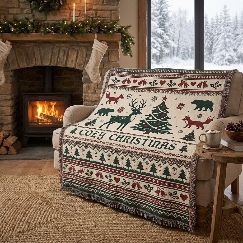 Cozy Christmas Woven Blanket – Woodland Christmas Holiday Throw Blanket