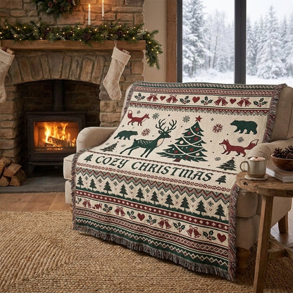 Cozy Christmas Woven Blanket – Woodland Christmas Holiday Throw Blanket