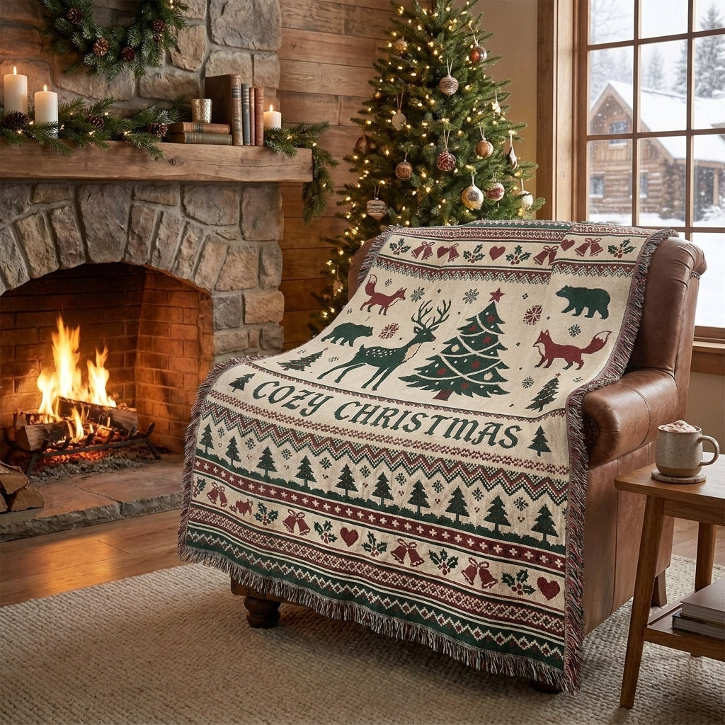 Cozy Christmas Woven Blanket – Woodland Christmas Holiday Throw Blanket