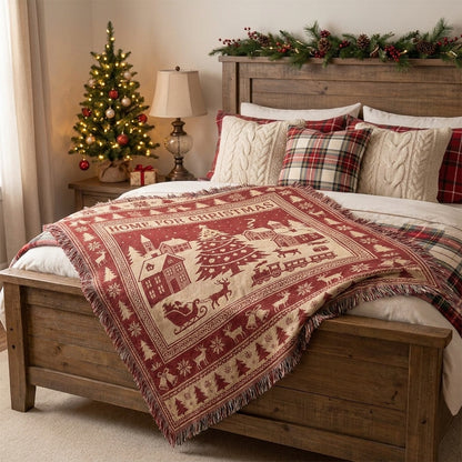 Home for Christmas Woven Blanket – Rustic Christmas Holiday Throw Blanket