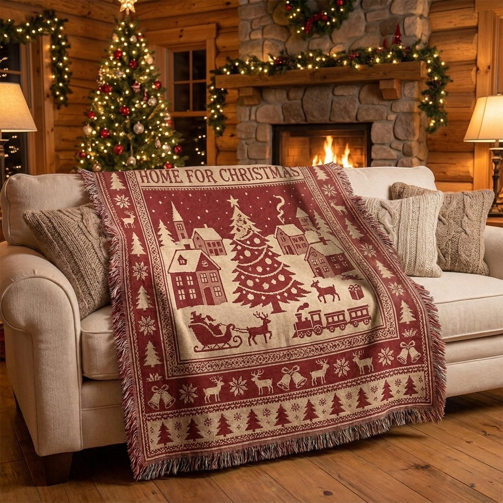 Home for Christmas Woven Blanket – Rustic Christmas Holiday Throw Blanket